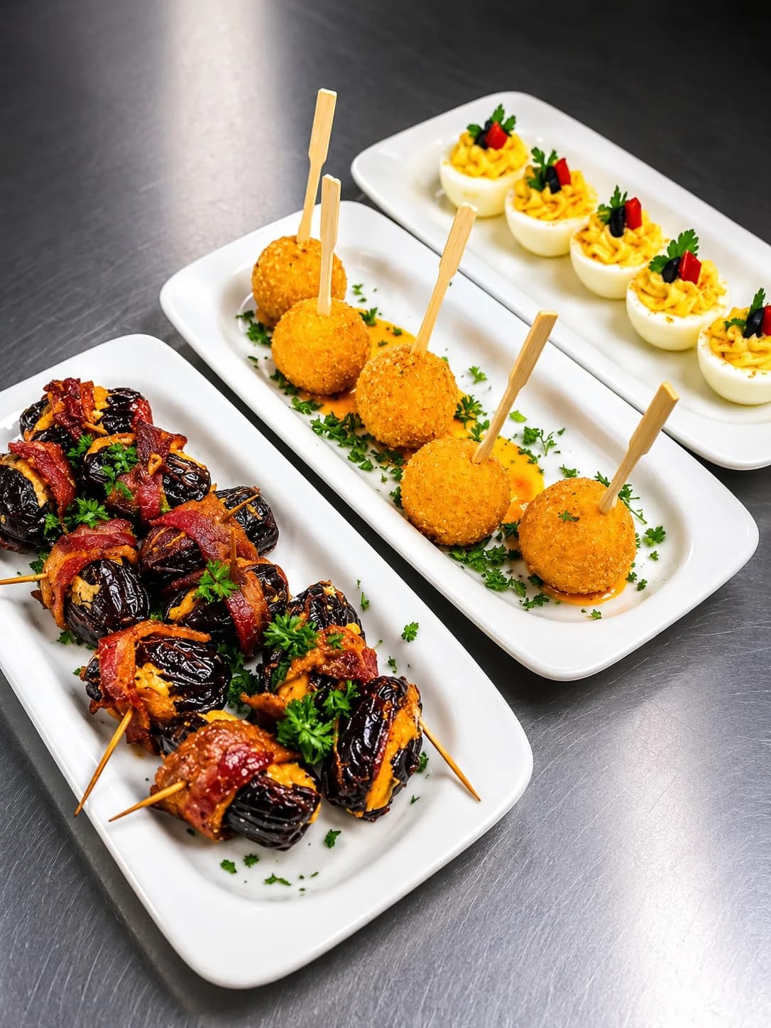 Tray of plated gourmet appetizers by KMR Gourmet