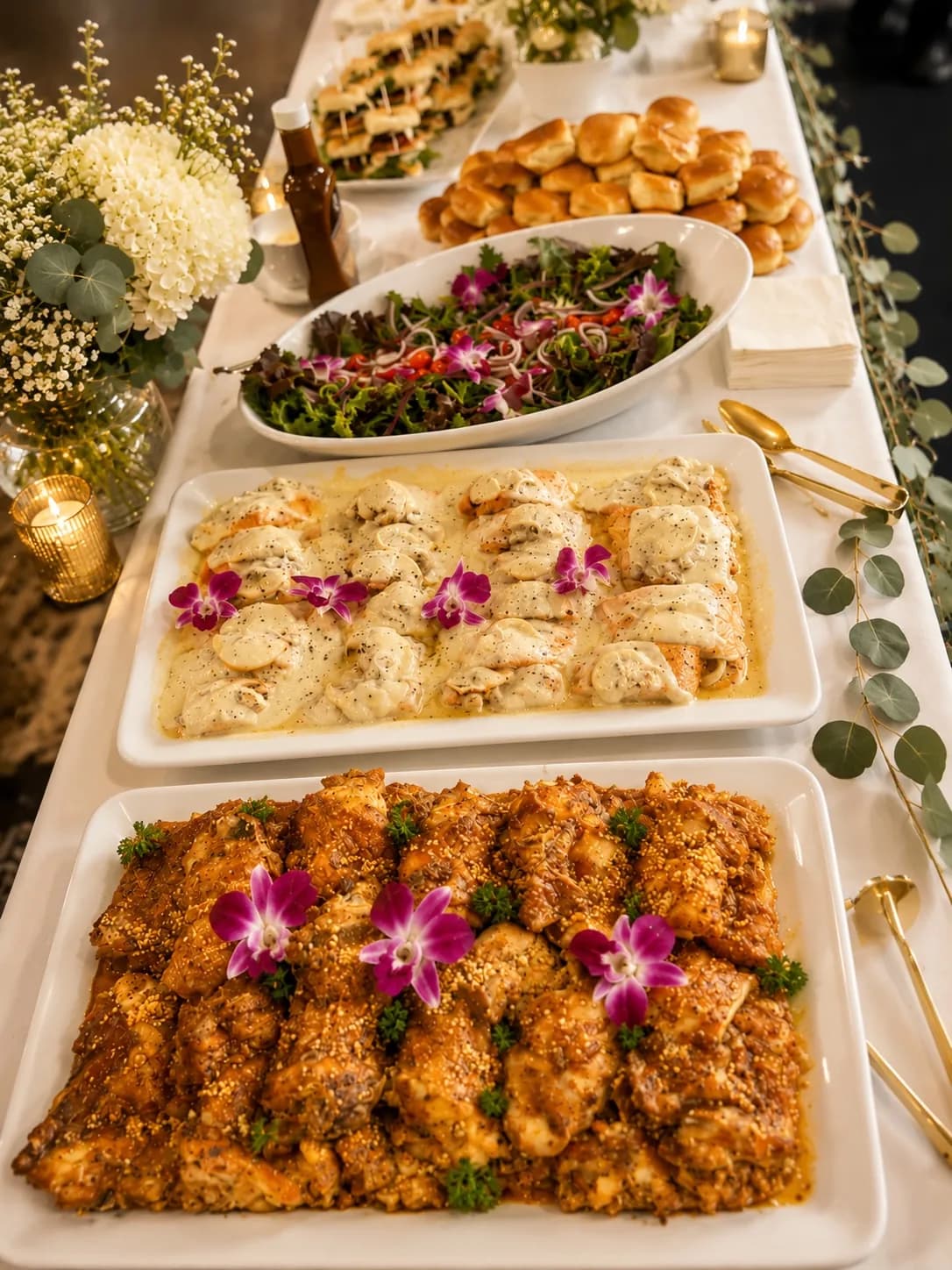 Lunch catering display of chicken and salmon by KMR Gourmet in Los Angeles